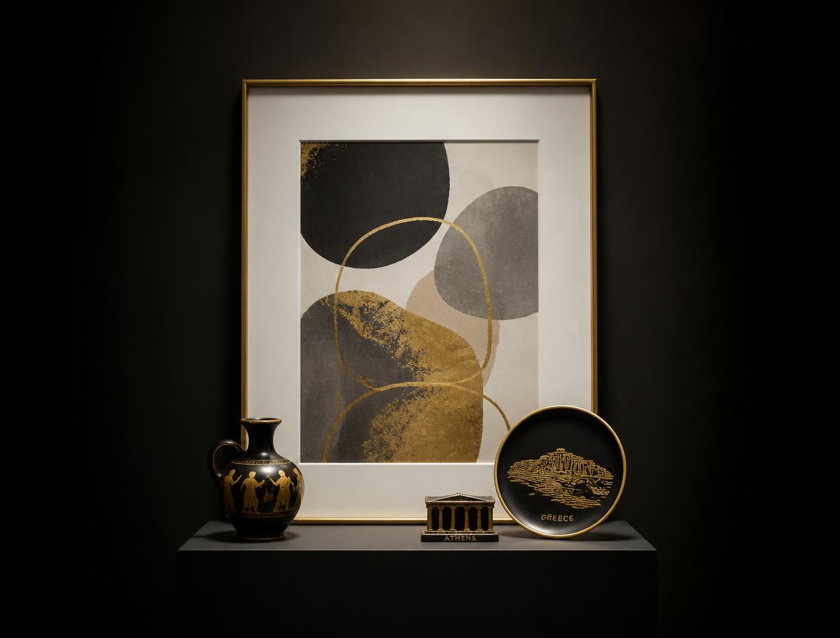 Framed abstract gold artwork with small ceramic souvenirs