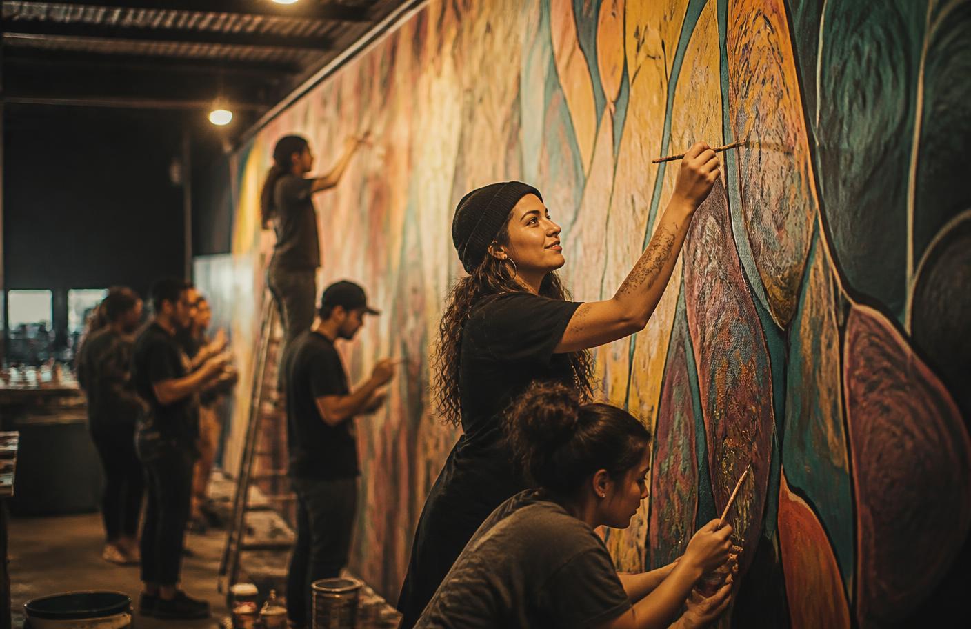 Artists hand-painting a large mural in the Designett workshop