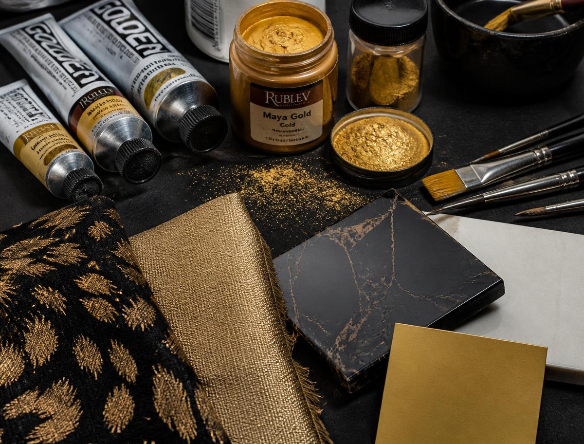 Gold pigments, paints, brushes and tile samples
