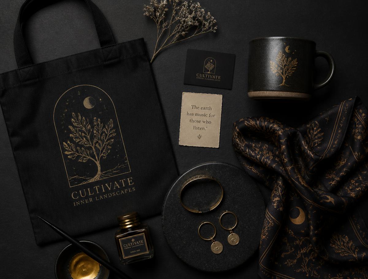 Tote bag, mug, silk scarf and brass jewellery in black and gold